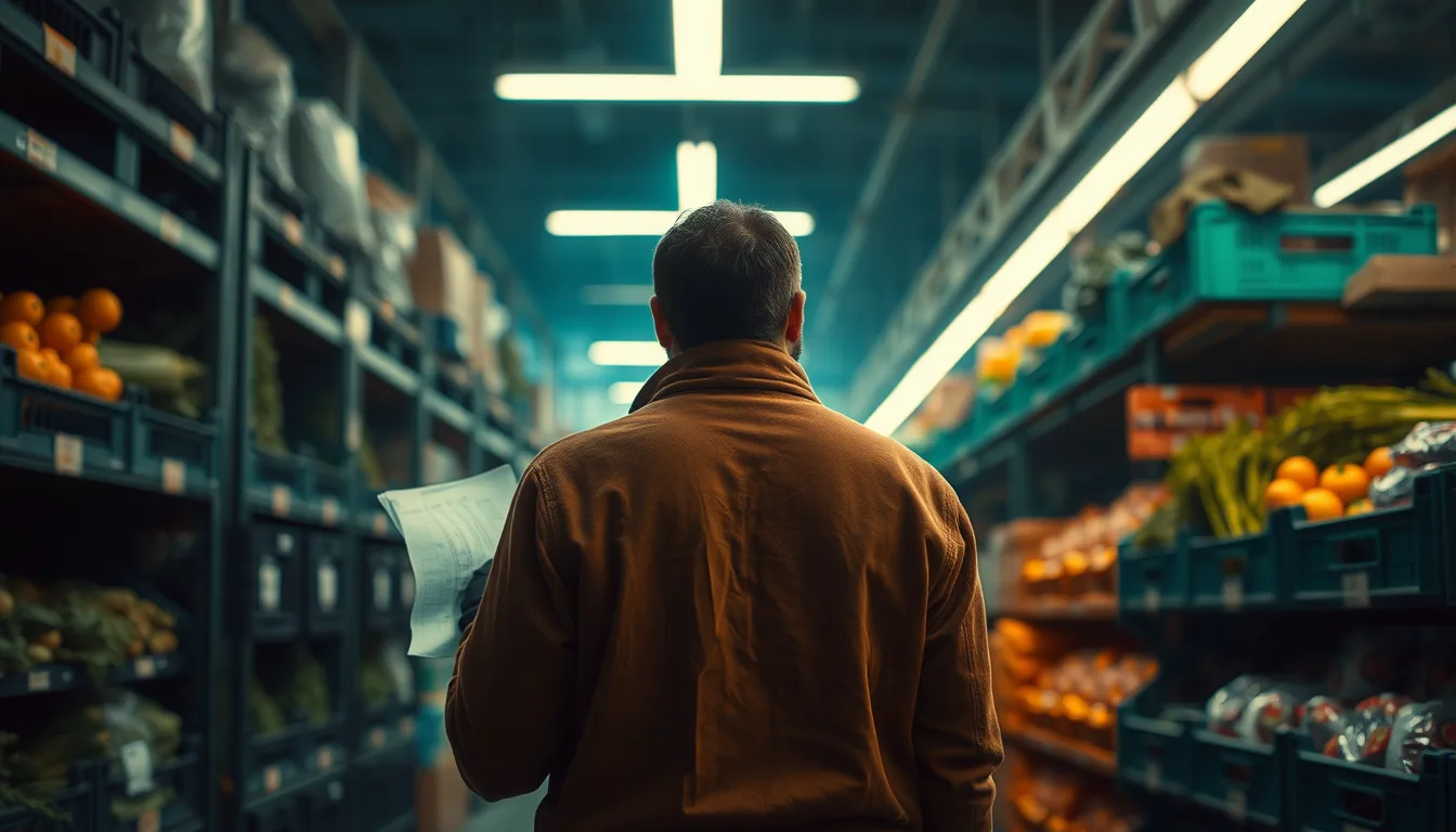A buyer walking a market aisle before the trade opens.