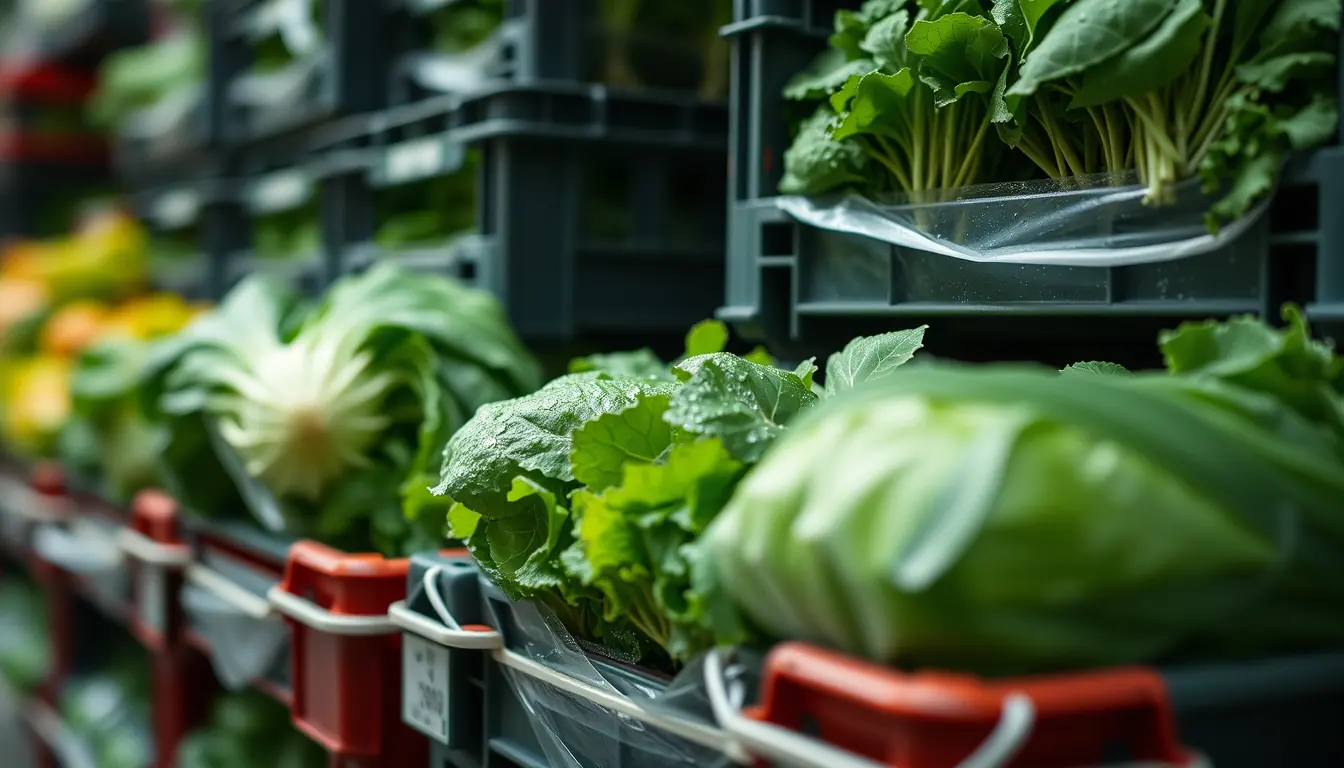 Crates of leaf and salad stacked on a market stand under cold light before dawn