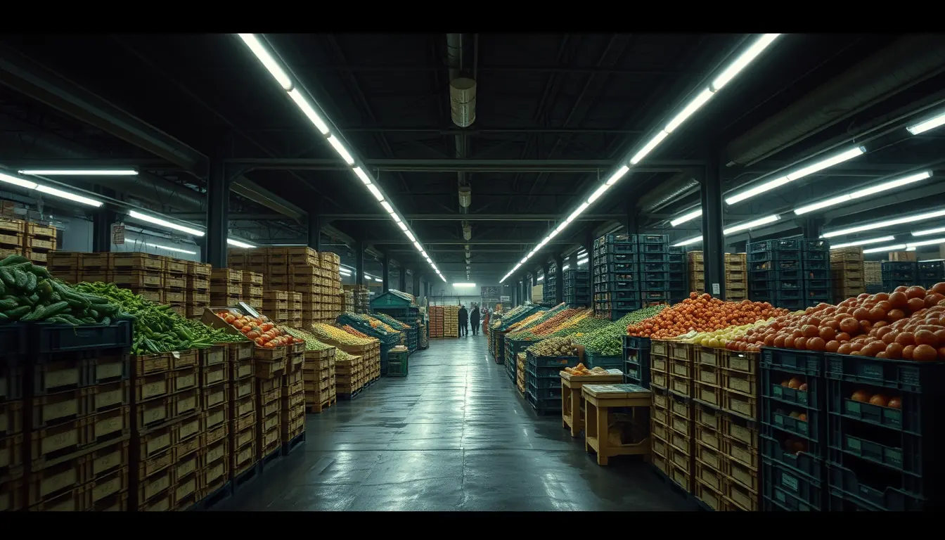 Crates and pallets stacked on a wholesale market floor, close to where every order starts.