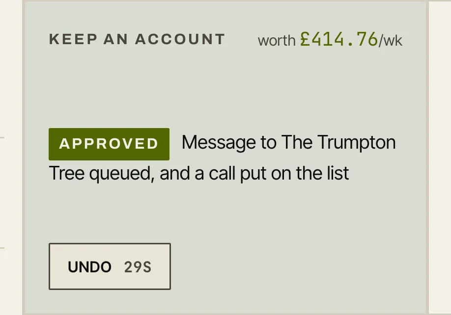 An AI agent's suggestion, with the one tap that approves it.
