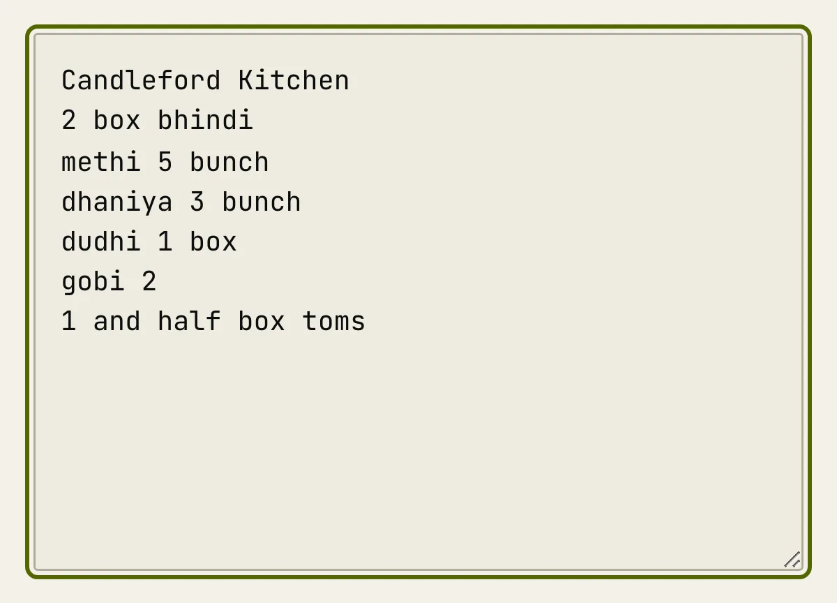 A kitchen's WhatsApp message, pasted in and read into matched order lines on the wholesaler's own catalogue.