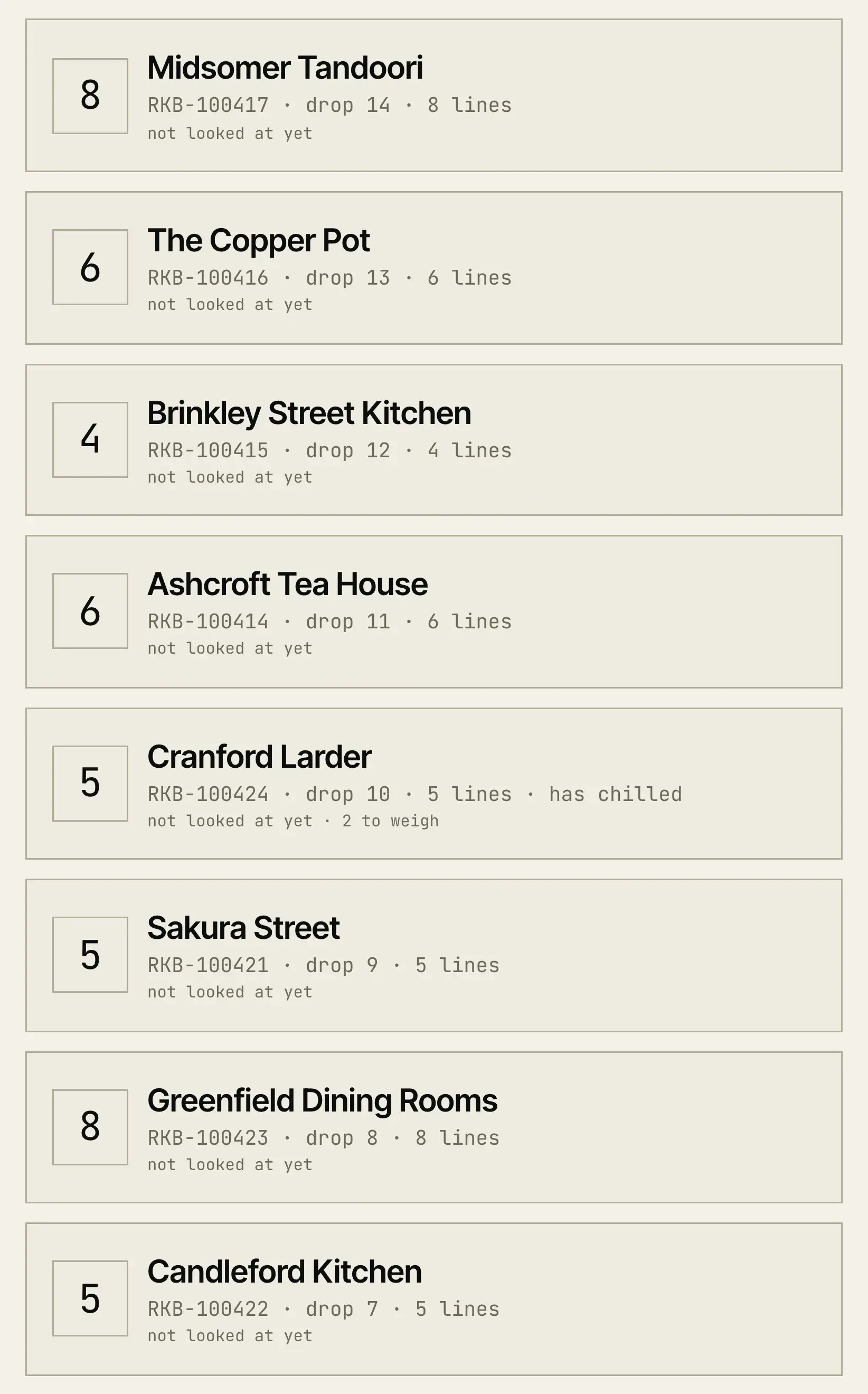 The picking sheet, listing every product a driver needs to load, in the order the yard is walked.