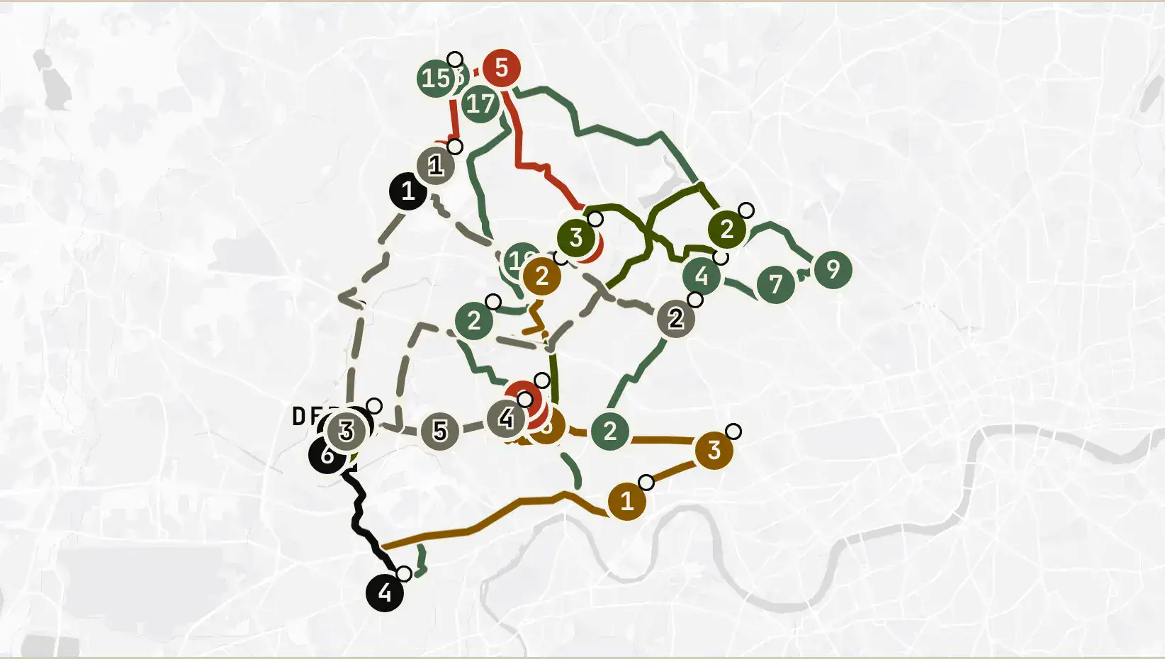 A day's drops split into colour-coded rounds on a real road map.