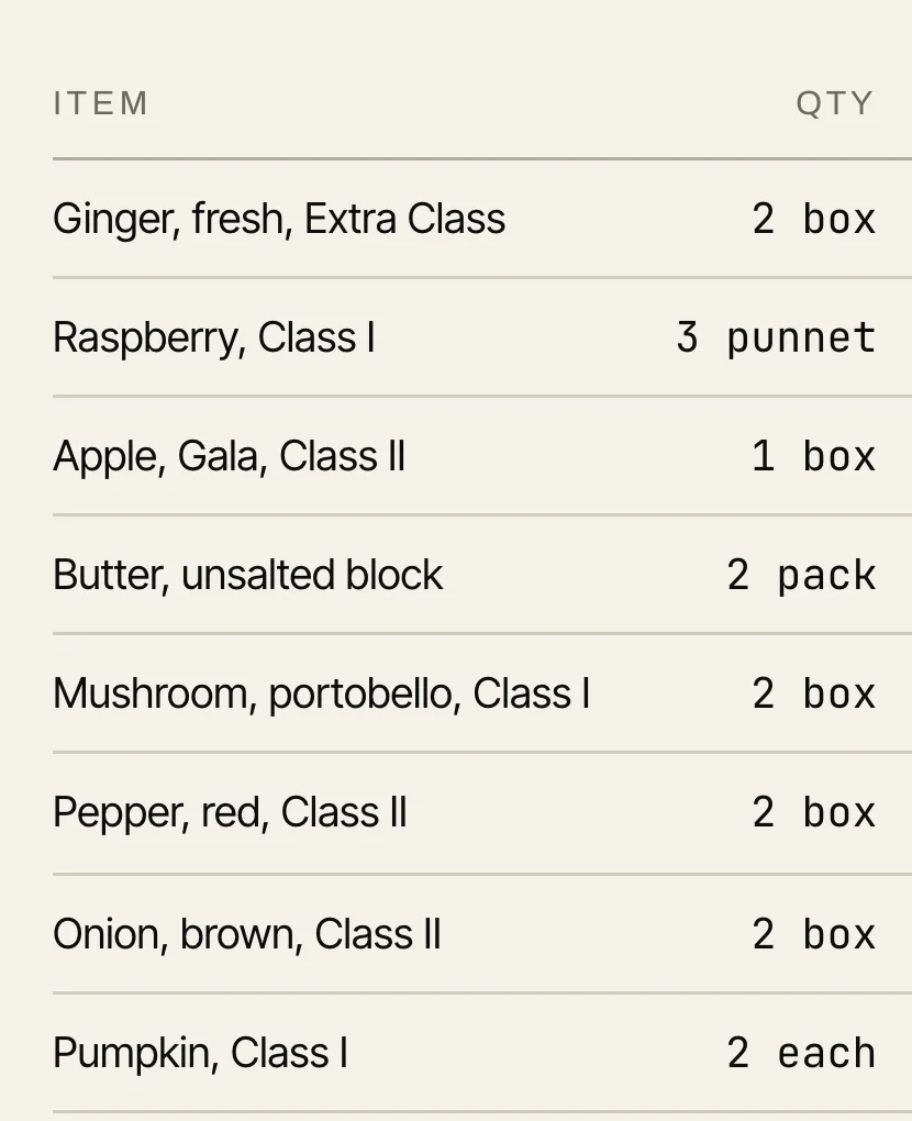 A no-login link open on a phone, showing one delivery's order lines with no login, password or app in sight.