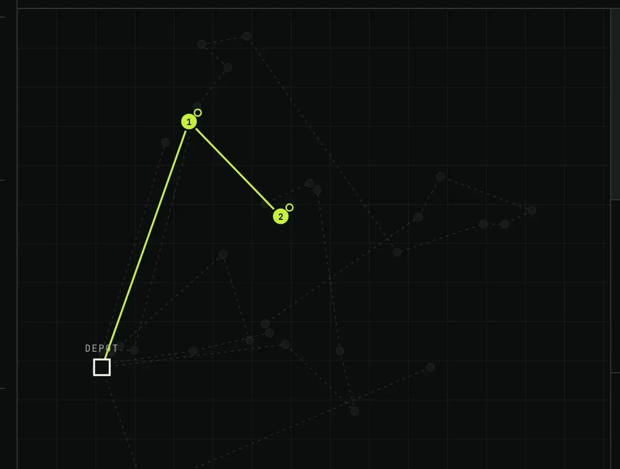 A planned round on a dark map: the depot marked, two numbered stops joined by a bright line, and the rest of the day's drops shown faintly behind it.