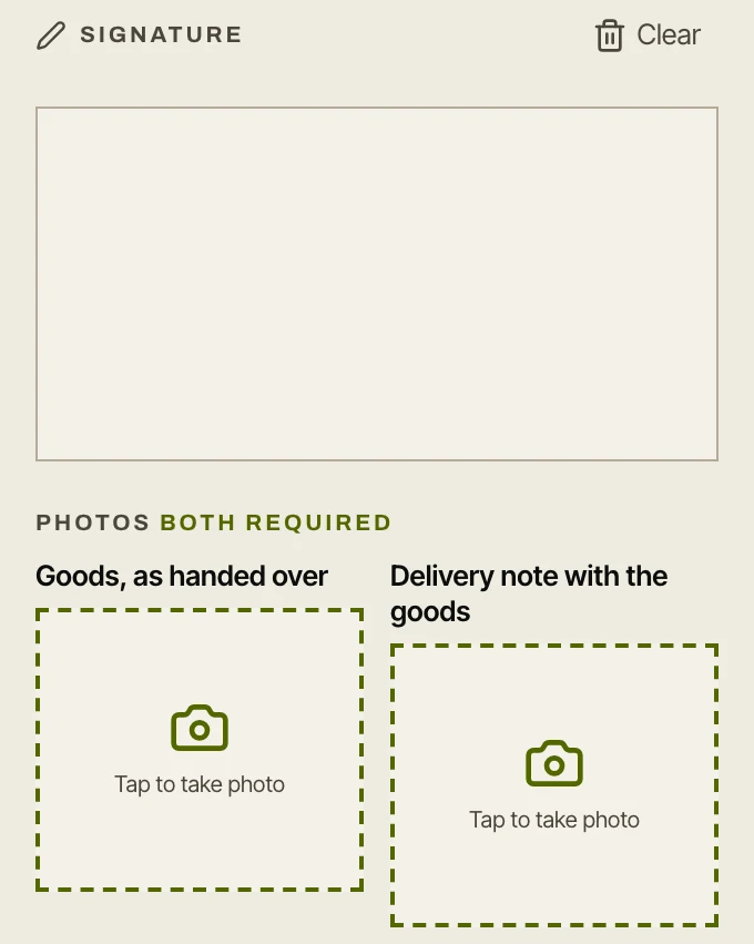 The driver's proof screen: a signature box, then two photo slots - the goods as handed over, and the delivery note with the goods - both marked required.