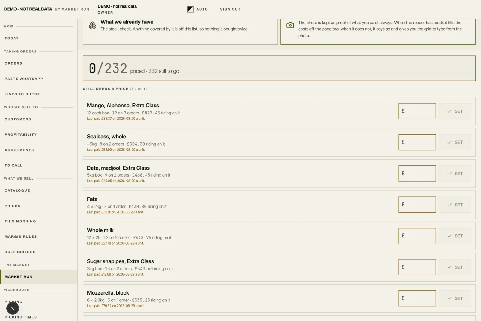 The buy list for the day, split by supplier.