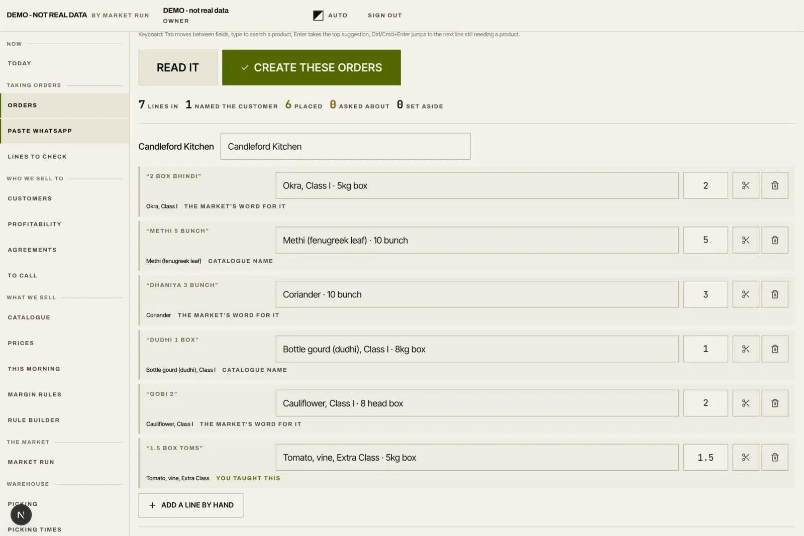 A pasted order matched and resolved to products on the catalogue.