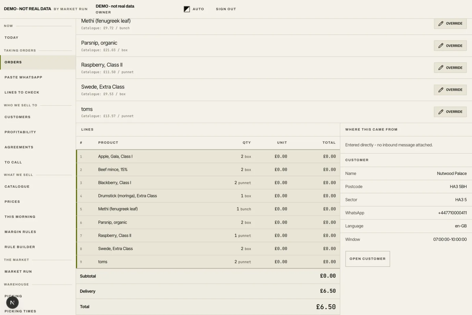 One customer's order opened, showing every line matched to the catalogue.