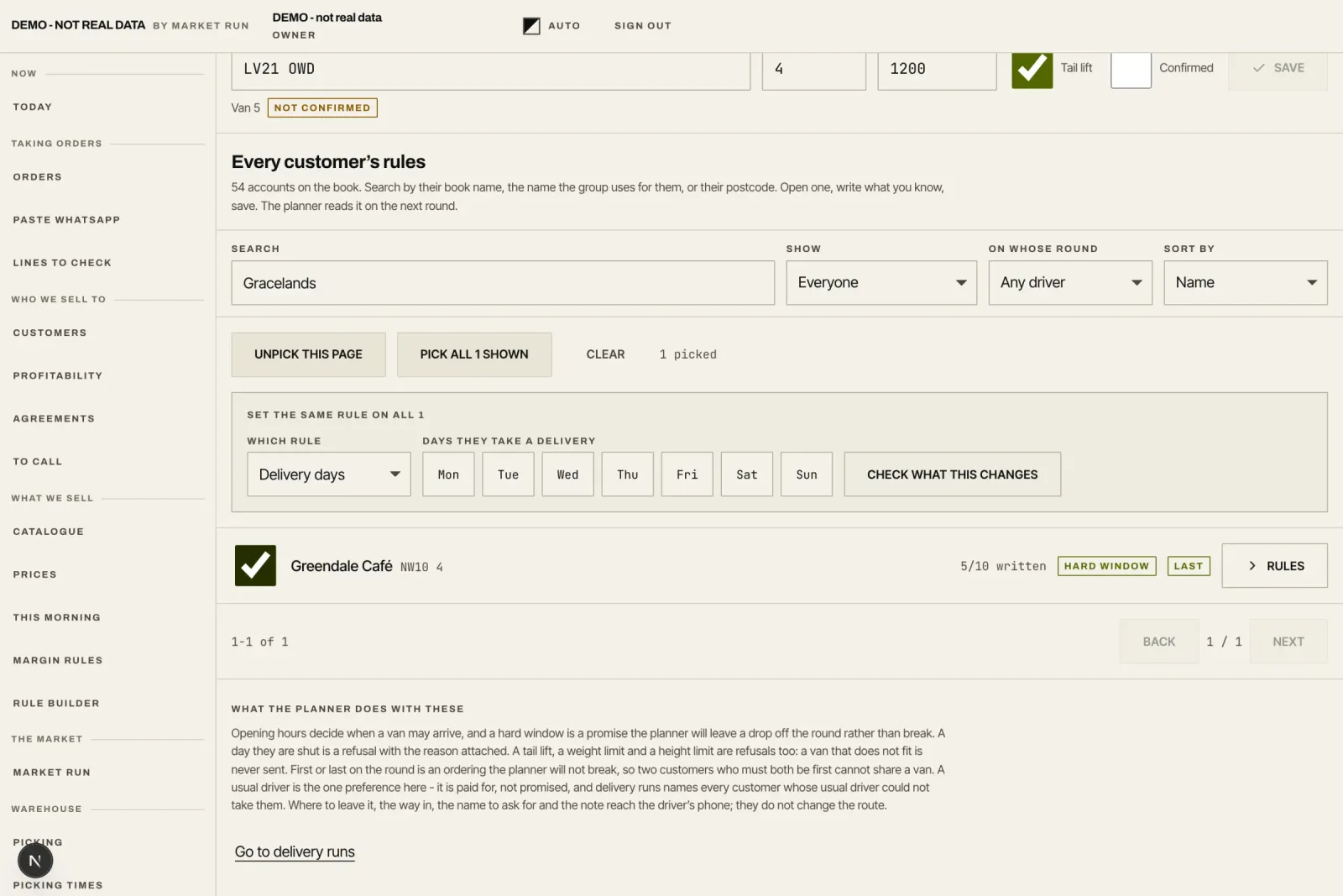 The delivery rules that decide which day and window a customer can be served.