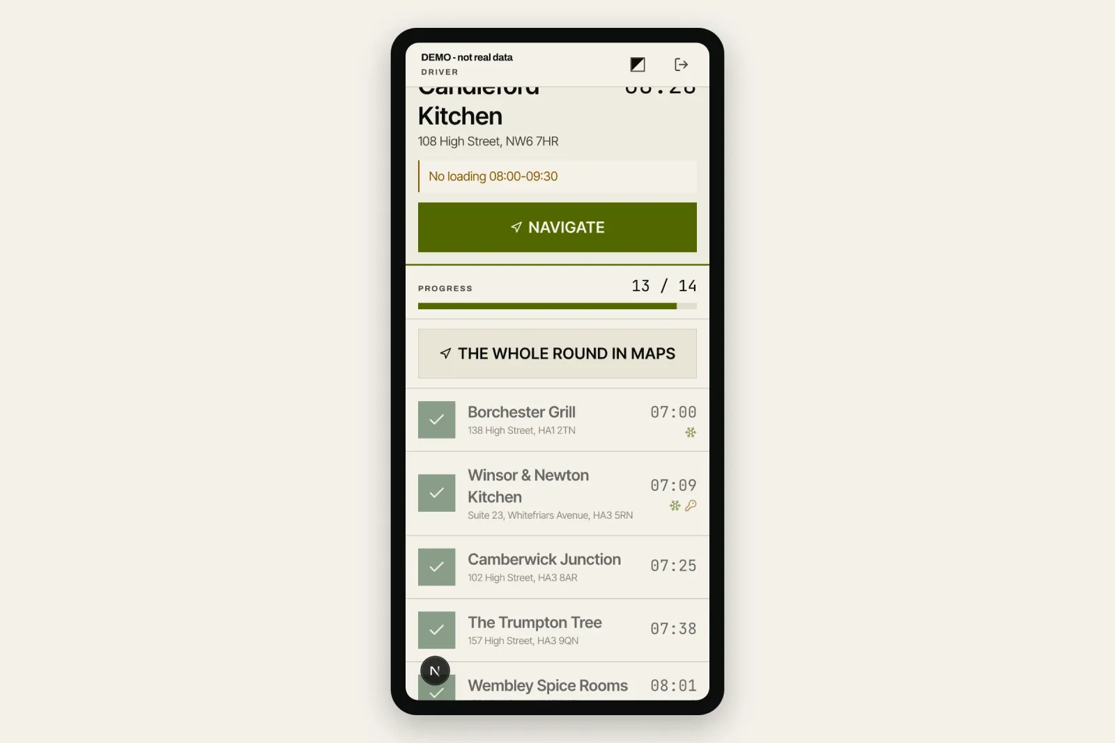 The driver's round handed to a maps app for turn by turn navigation.